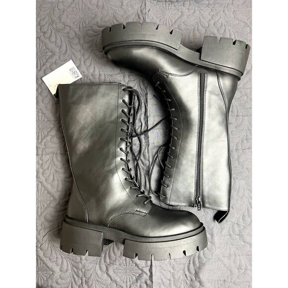 H&M Womens Chunky Lace up Leather Boots Grunge Goth Whimsygoth SZ 9: NWT/No Box - Picture 3 of 8